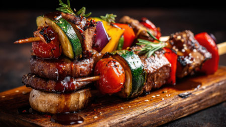 Colorful skewers of grilled vegetables and juicy meat are arranged on a wooden platter glistening with sauce showcasing a delicious meal perfect for a summer evening gathering.の素材
