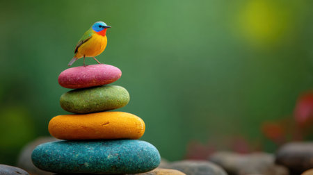 A small colorful bird stands proudly on a stack of smooth bright stones in a serene outdoor scene.の素材