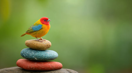 A vibrant bird with red yellow and blue feathers sits on a carefully arranged stack of smooth stones. The background features a soft blurred greenery creating a calm atmosphere.の素材