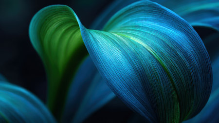 This close-up view captures the intricate details of a blue and green leaf revealing delicate textures and vivid color variations. Soft lighting enhances its natural beauty.の素材