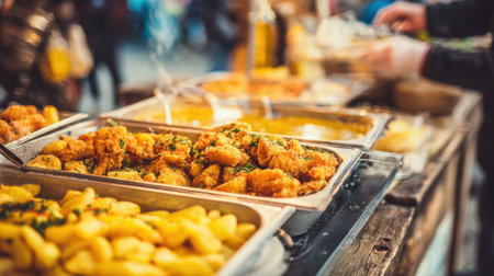 A bustling night market features a food stall with trays of crispy fried chicken and golden fries. Passersby enjoy the aromatic offerings. The lively atmosphere adds to the experience.の素材