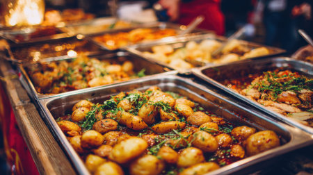A colorful array of dishes is presented on long tables at a street food festival during the evening. Visitors explore different options savoring a mix of flavors.の素材