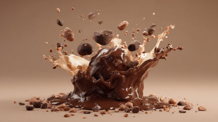 Rich chocolate bursts create a captivating splash with surrounding stones and crumbs. The neutral backdrop highlights this striking and delicious scene filled with texture.の素材