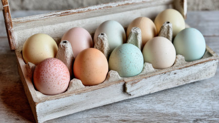 A carton holds ten decorative eggs in soft pastel colors including peach aqua and speckled shades. The rustic setting enhances the charming display for seasonal decor.の素材