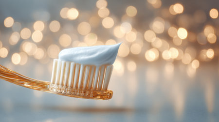 An elegant toothbrush holds a generous amount of white toothpaste against a backdrop of soft shimmering lights. The scene suggests a refreshing dental routine.の素材