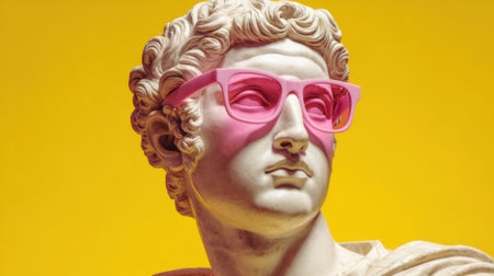 A marble statue resembling a classical figure sports bright pink sunglasses against a vivid yellow backdrop blending traditional art with contemporary style and humor.の素材