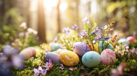 Brightly colored Easter eggs are nestled among vibrant wildflowers in a serene forest setting illuminated by warm sunlight in the spring season.の素材