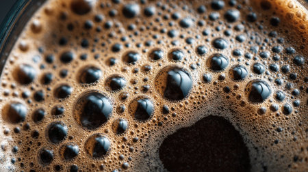 The scene captures a close-up view of freshly brewed coffee emphasizing the rich crema and bubbles forming on the surface. The contrast of colors highlights the texture and depth of flavor.の素材