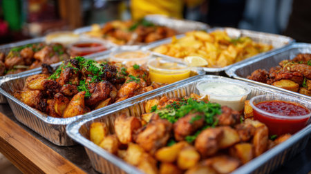 A lively outdoor food market features trays of grilled chicken wings and golden fried potatoes. Dipping sauces and fresh herbs add color and flavor to this tasty spread.の素材