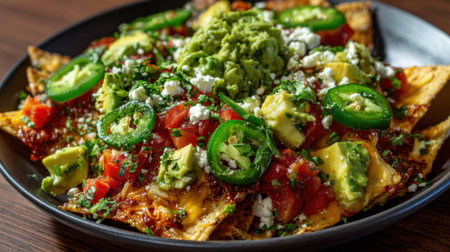 A plate of nachos filled with cheese fresh tomatoes avocado jalapenos and guacamole sits in a warm inviting restaurant. The atmosphere is lively and perfect for enjoying tasty food.の素材