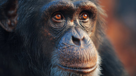 A chimpanzee gazes curiously into the distance during the evening. Its soulful eyes reflect the beauty of the environment capturing a moment of tranquility in the wild.の素材