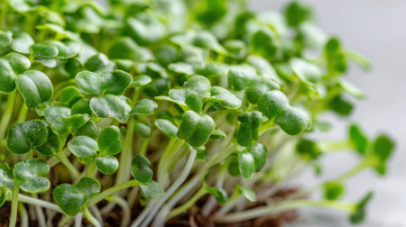 Small microgreens thrive in a garden setup displaying bright green leaves and delicate stems. They are ready for harvesting and add freshness to meals.の素材