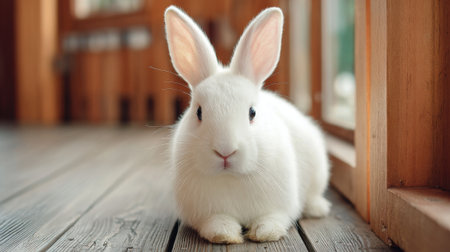 A fluffy white rabbit is lying comfortably on a wooden floor inside a warm room. Sunlight filters through nearby windows creating a relaxed atmosphere for the furry pet.の素材