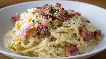A generous serving of spaghetti carbonara features creamy sauce crispy bacon pieces and grated cheese all arranged beautifully on a white plate. This hearty dish showcases classic Italian flavors.の素材