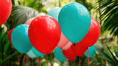 Bright red and turquoise balloons float among green plants in a garden adding a cheerful touch to a joyful event. The atmosphere is vibrant and lively perfect for any gathering.の素材
