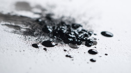 Dark black ink is spread and splattered across a clean white surface forming a striking contrast. This scene captures a moment of artistic expression in a creative setting.の素材