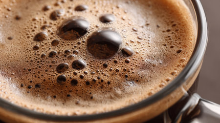 Dark frothy coffee fills a clear cup displaying bubbles and texture. It sits on a dark surface capturing the essence of a warm morning beverage.の素材