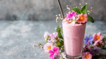 A tall glass of pink smoothie sits on a gray surface garnished with colorful flowers and fresh mint. The drink invites a refreshing experience in a bright cheerful atmosphere.の素材