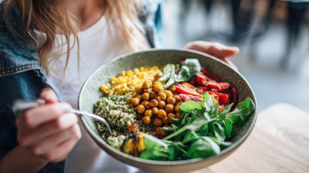 A person holds a large bowl filled with quinoa chickpeas corn spinach and roasted tomatoes enjoying a nutritious meal at a cozy eatery around lunchtime.の素材