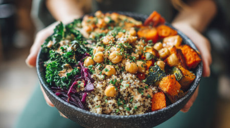 A person holds a vibrant bowl filled with quinoa roasted chickpeas and various vegetables showcasing a healthy plant-based meal prepared in a cozy restaurant setting around midday.の素材