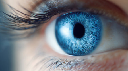 A striking close-up of a blue eye showcases vivid colors and intricate patterns. The pupil is dark surrounded by striking blue tones and detailed eyelashes. Natural light highlights its beauty.の素材