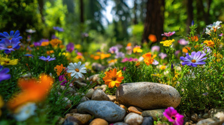 Vibrant wildflowers of various colors open amid green grass and smooth stones along a peaceful forest path. The sun shines through the trees creating a serene atmosphere.の素材