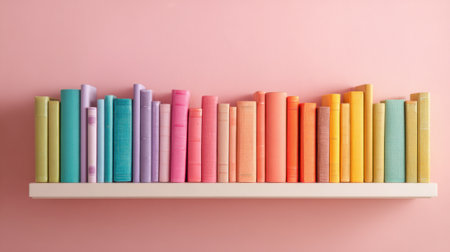 A shelf displays a vibrant collection of books with colorful spines set against a soft pink wall creating a cheerful atmosphere perfect for reading.の素材