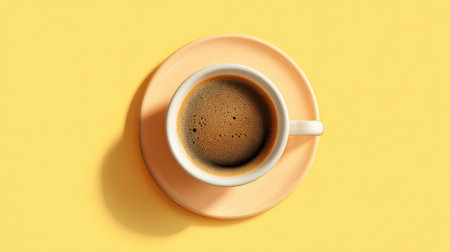 A steaming cup of coffee rests on a soft-colored plate set against a vibrant yellow backdrop creating a cheerful and inviting morning scene.の素材