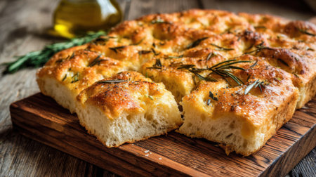 Golden brown focaccia bread topped with rosemary sits on a rustic wooden board. Olive oil is placed nearby ready for dipping. This inviting scene captures the essence of homemade Italian cuisine.の素材