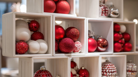 Decorative boxes filled with red and white Christmas ornaments sit on display. The ornaments vary in size shape and design creating a festive ambiance for the holiday season.の素材
