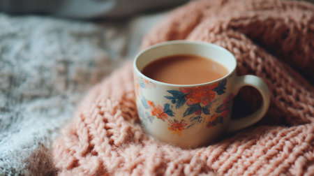 A warm cup filled with tea sits gently on a soft knitted pink blanket creating a cozy atmosphere perfect for relaxation during a chilly day indoors.の素材