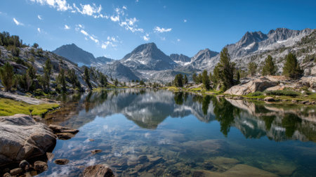 Majestic mountains surround a tranquil lake with reflections of the peaks mirrored in the calm water while green trees grow along the shoreline in a serene outdoor setting.の素材