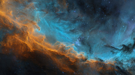Bright orange and blue hues blend beautifully in this stunning view of a nebula. Stars twinkle in the dark background creating a mesmerizing cosmic scene.の素材