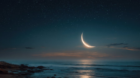 A beautiful crescent moon shines brightly over the peaceful ocean waves. The serene beach scene is dotted with stars creating a magical nighttime atmosphere.の素材