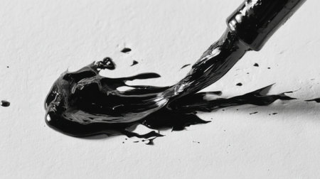 Thick black paint is being spread across a sheet of white paper. The paint creates dynamic patterns reflecting a moment of artistic creation.の素材