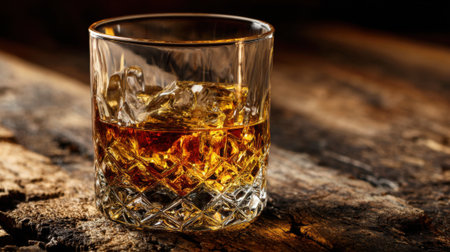 A carefully poured glass of whiskey rests on a weathered wooden table. Ice cubes glisten in the amber liquid creating a warm and inviting atmosphere perfect for relaxation.の素材