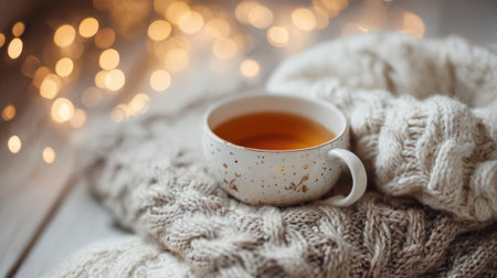 A cup of warm tea rests on a gentle knit blanket surrounded by soft glowing lights. The scene creates a peaceful atmosphere perfect for relaxation during a chilly afternoon.の素材