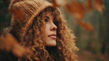 In a tranquil forest scene a young woman with curly hair wears a cozy hat and looks up at the colorful autumn leaves reflecting on the beauty of the season.の素材