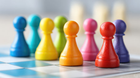 Colorful game pieces stand on a chessboard ready for a match. The vibrant colors add a playful atmosphere to the strategic game being played during a sunny afternoon.の素材