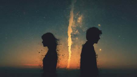 Two figures stand back to back silhouetted against a cosmic backdrop. A bright line divides the scene representing emotional separation. Stars twinkle in the twilight sky behind them.の素材