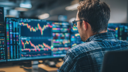 A man wearing glasses sits in a contemporary office focused on multiple screens displaying colorful stock market charts. The busy environment reflects his intense analysis of trading data.の素材