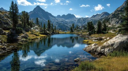 A serene lake reflects the mountains and sky surrounded by tall trees and rocky terrain. This picturesque scene captures the beauty of nature during a clear day in the wilderness.の素材
