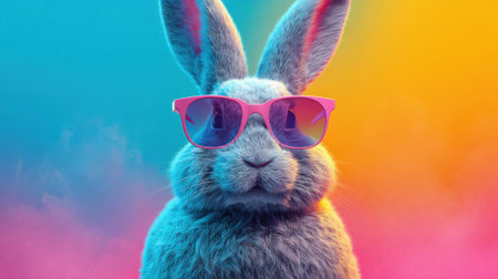 A fluffy rabbit dons stylish pink sunglasses standing still in front of a striking background filled with vibrant colors. The scene is playful and eye-catching perfect for a fun atmosphere.の素材