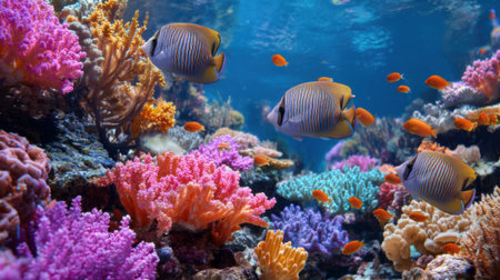 Colorful coral reefs form a stunning underwater landscape with schools of tropical fish swimming among the vibrant corals in clear turquoise waters. This lively marine ecosystem is filled with life.の素材
