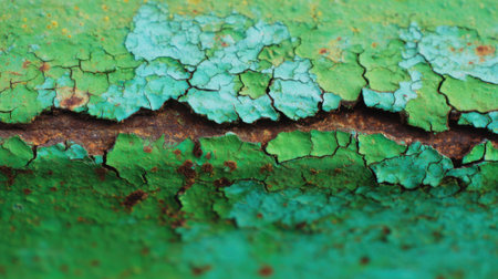 Bright green paint shows extensive cracks exposing rusty metal beneath. The texture highlights the aging process and weathering effects on the surface.の素材