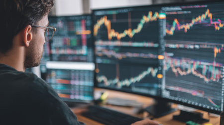A person is focused on analyzing stock market trends at a desk surrounded by large monitors showing various financial graphs and data. The workspace is bright and organized.の素材