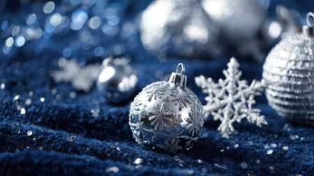 Shimmering silver Christmas ornaments and snowflakes lie on a soft blue surface creating a festive atmosphere perfect for holiday gatherings and celebrations.の素材