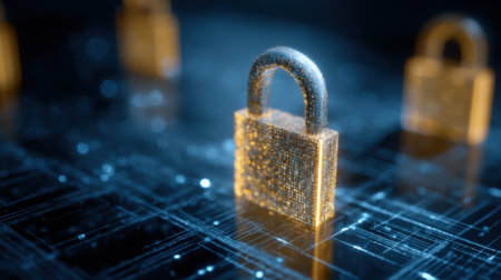 A group of glowing digital locks stands out on a dark network grid representing security and protection in technology. The scene captures the essence of cybersecurity.の素材