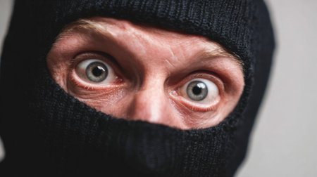 A person dons a black ski mask with their wide eyes reflecting surprise or concern. The neutral background emphasizes the intensity of their expression and appearance.の素材