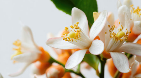 Close-up view of blooming citrus flowers in spring. The blossoms feature white petals with yellow stamens and orange buds highlighting natures beauty and vibrant colors.の素材